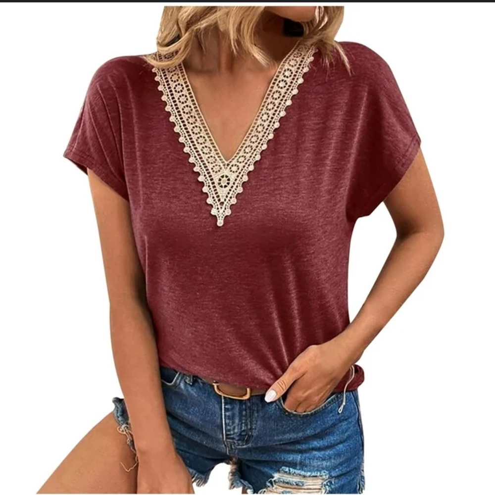 Women's Burgundy Lace Trim Top